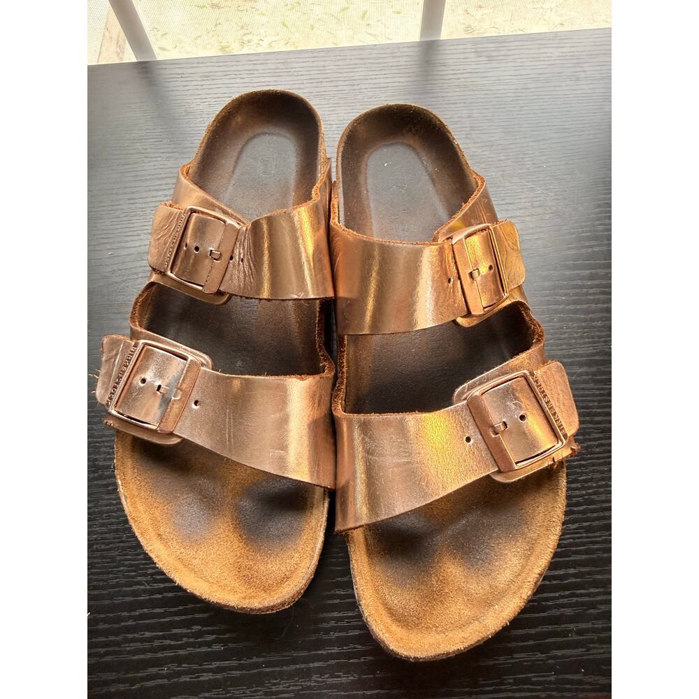 Birkenstock Arizona Sandals Size 41 Brown Leather Double Strap Metallic Copper